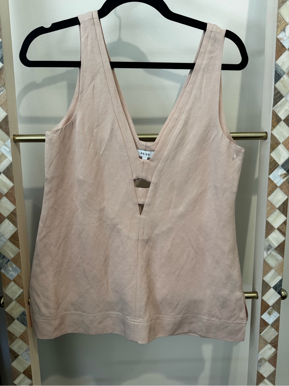 Reiss Pale Blush V-Neck Sleeveless Tank with Front Strap Detail